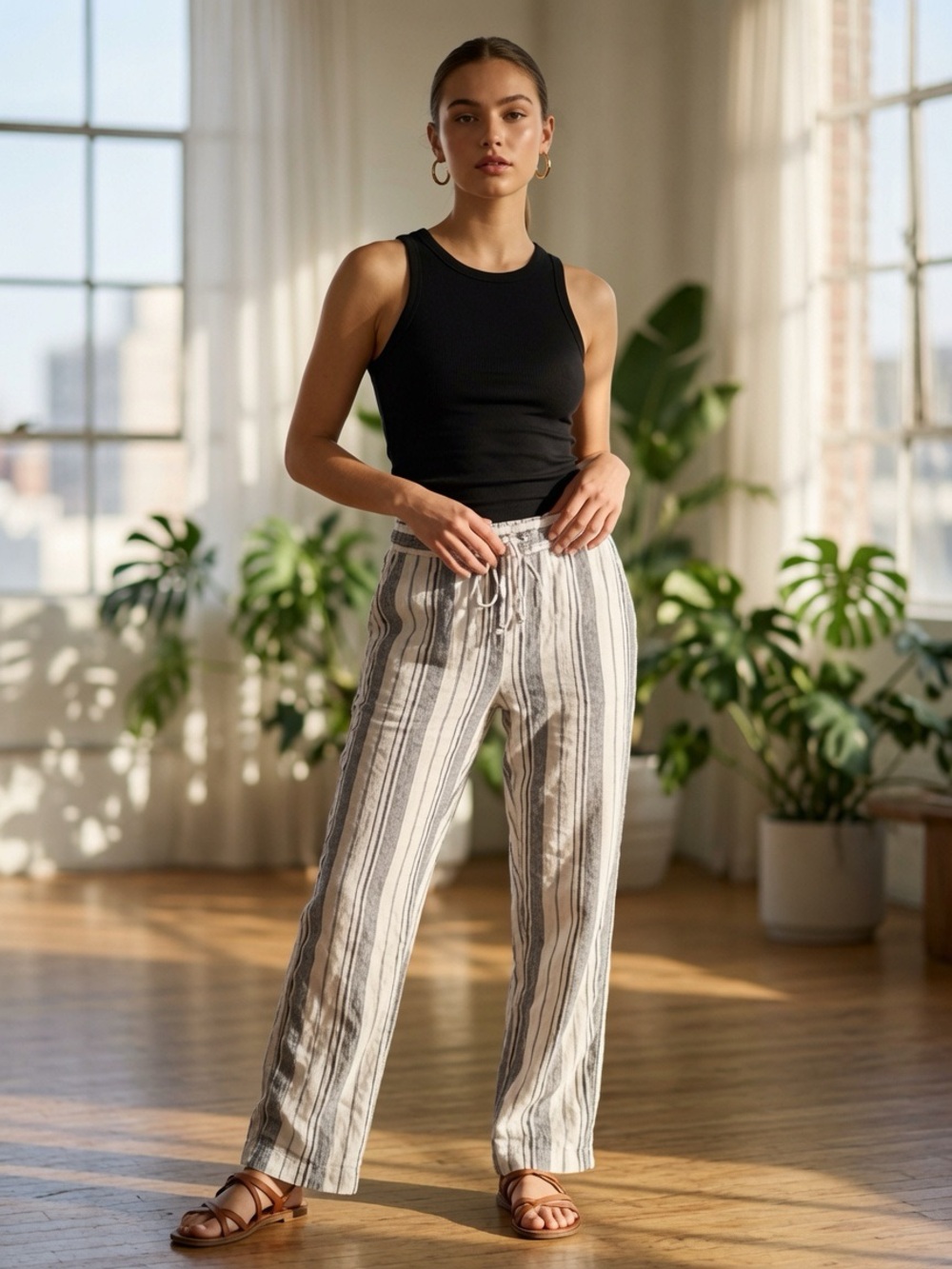 Per Se Striped Linen Viscose Blend Wide Leg Drawstring Pants - Black & Cream M